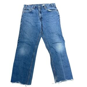 Levis 505 Straight Leg Blue Jeans 33x28 Raw Hem Medium Wash Red Tab Faded